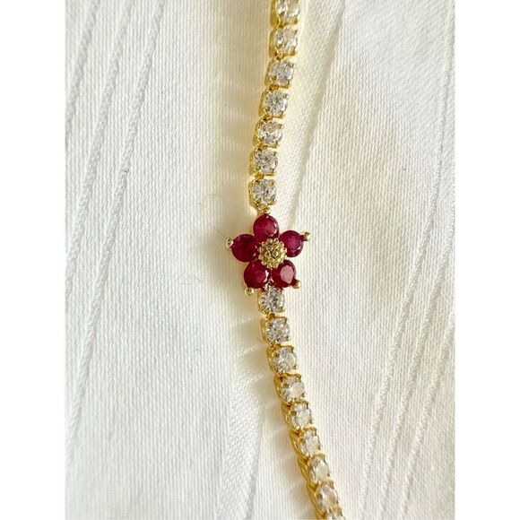 Rosey pink flower sparkly cubic zirconia tennis necklace - Picture 6 of 6